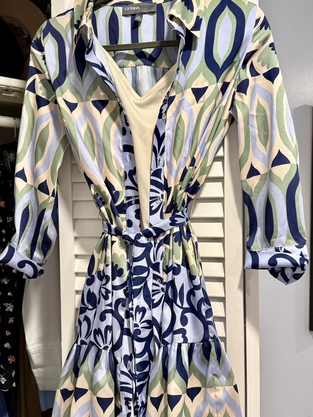 Donna Ricco Blue and Cream Printed Shirt Dress